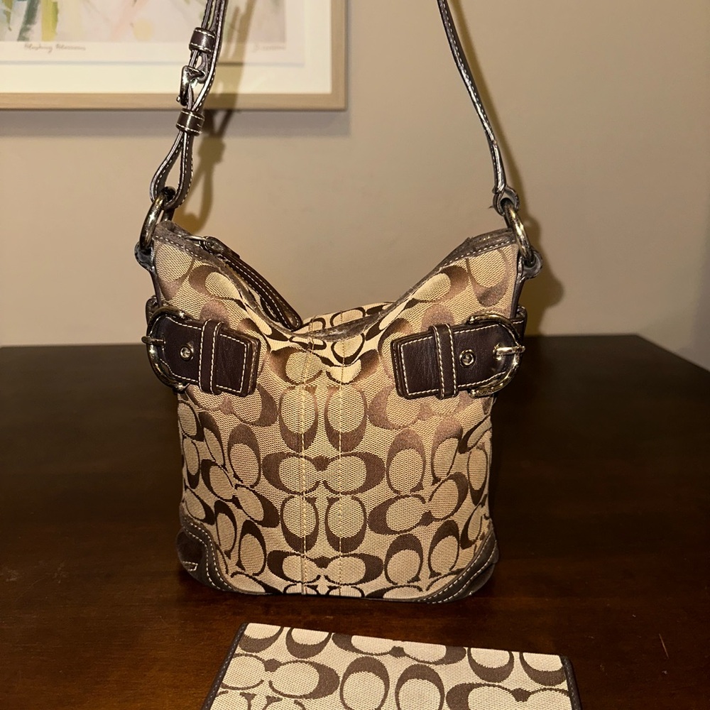 Coach Tan and Brown Signature Shoulder Bag